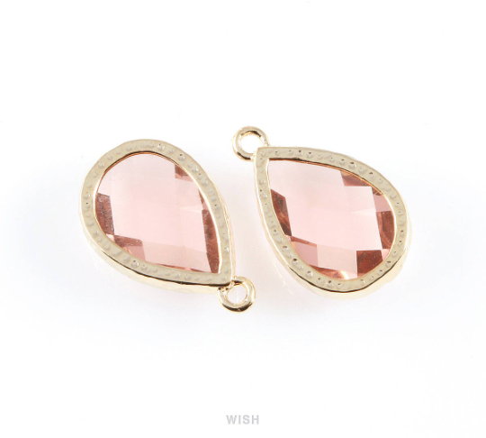 Peach Teardrop Glass Charm in Gold, Framed Drop Glass Gem / GPCG-037-P