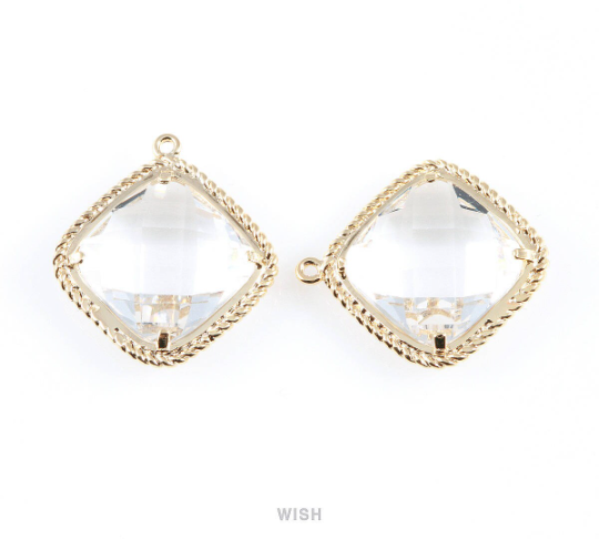 Clear Diamond Shape Pendants in Gold, Framed Diamond Charms / GCLG-032-P