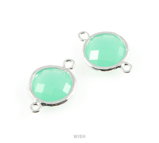 Mint faceted Glass Connector in Rhodium, Framed Round Glass Bead/ GMTRH-014-P