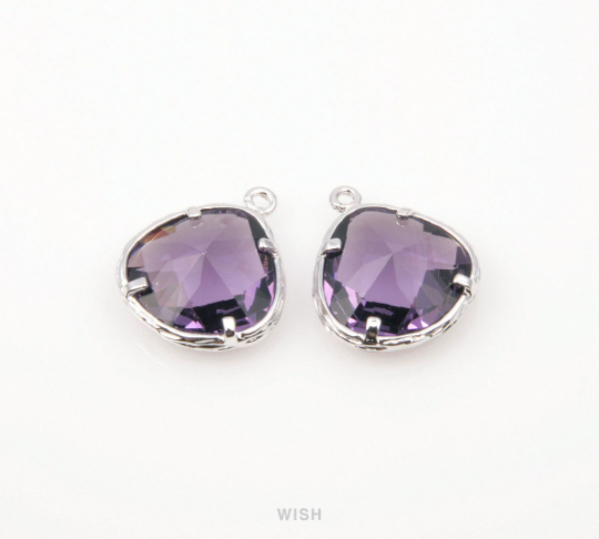 Amethyst Faceted Glass Drop Charm in Rhodium, Amethyst Charms / GTZRH-036-P