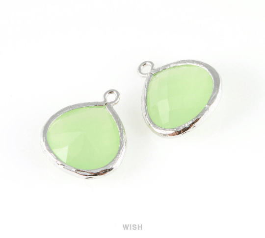 Light Mint Faceted Glass Charm in Rhodium, Framed Drop Glass Bead / GLMRH-001-P (Large)
