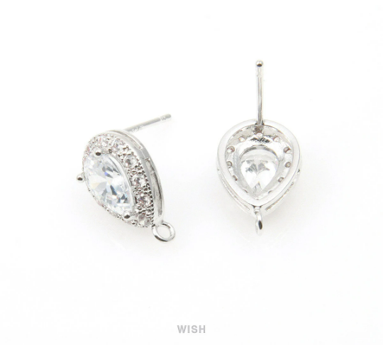 Teardrop Cubic Ear Post in Rhodium, 12 Sub Cubic Zirconia / CRH-003-E