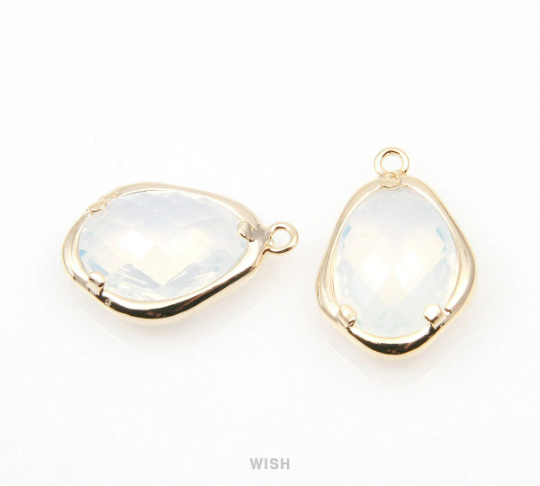 Opal Faceted Glass Charms in Gold, Framed Teardrop Pendant / GOPG-085-P