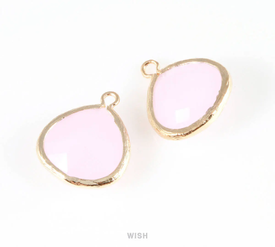 Rose Quartz Faceted Glass Charm in Gold, Framed Drop Glass Bead / GRQG-001-P (Large)