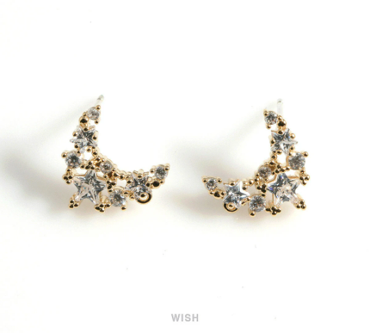 Star CZ in Crescent Stud Earrings in Gold, Celestial Stud Earrings / CG-082-E