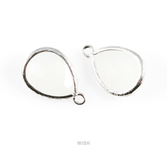 White Alabaster Teardrop Glass Charm in Rhodium, Framed Drop Glass Gem / GWARH-005-P