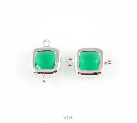 Emerald Faceted Glass Connector in Rhodium, Framed Square Connector / GEMRH-007-P