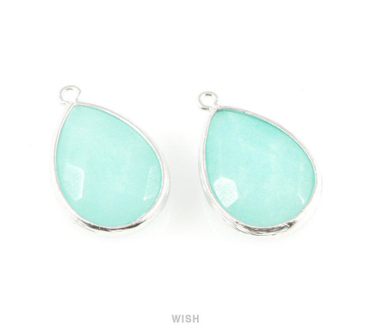 Mint Synthetic Stone Charms in Matte Rhodium, Framed Teardrop Pendant / SMTMRH-010-P