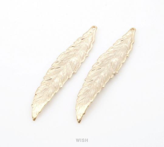 Large Feather Pendant in Matte Gold, Textured Feather Charm /MMG-237-P