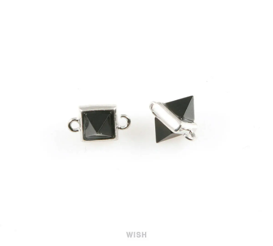 Jet Pyramid Stone Charm in Rhodium, Gemstone Framed Pendant / SJTRH-050-P