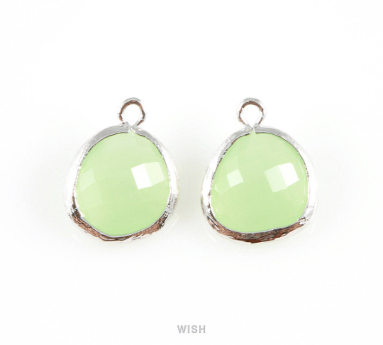 Light Mint Faceted Glass Charm in Rhodium, Framed Drop Glass Gem / GLMRH-004-P