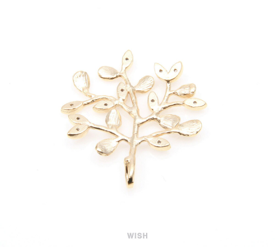 Leaves and Branch with Cubic Zirconia Pendant in Matte Gold, Tree Charm / MMG-259-P