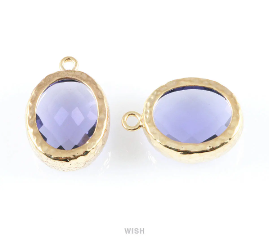 Amethyst Faceted Glass Charms in Gold, Framed Oval Pendant / GTZG-009-P