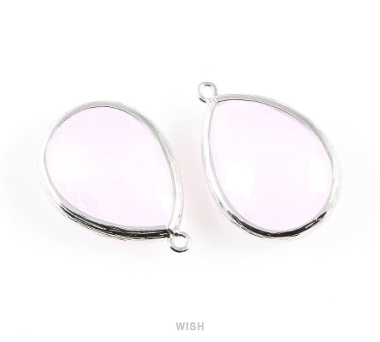 Violet Opal Teardrop Glass Charm in Rhodium, Framed Drop Glass Gem / GVORH-044-P