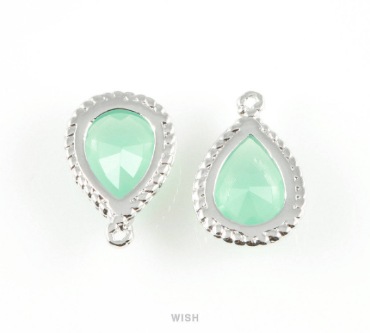 Mint Teardrop Glass Charm in Rhodium, Framed Drop Glass Gem / GMTRH-006-P