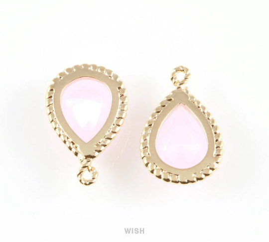 Rose Quartz Teardrop Glass Charm in Gold, Framed Drop Glass Gem/ GRQG-006-P