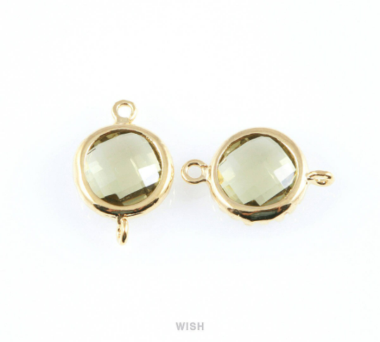 Olivine Faceted Glass Connector in Gold, Framed Round Connector / GOVG-008-P (1piece)
