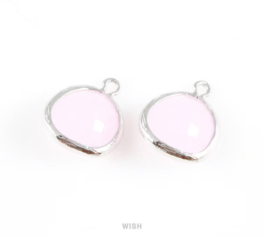 Rose Quartz Faceted Glass Charm in Rhodium, Framed Drop Glass Gem / GRQRH-004-P