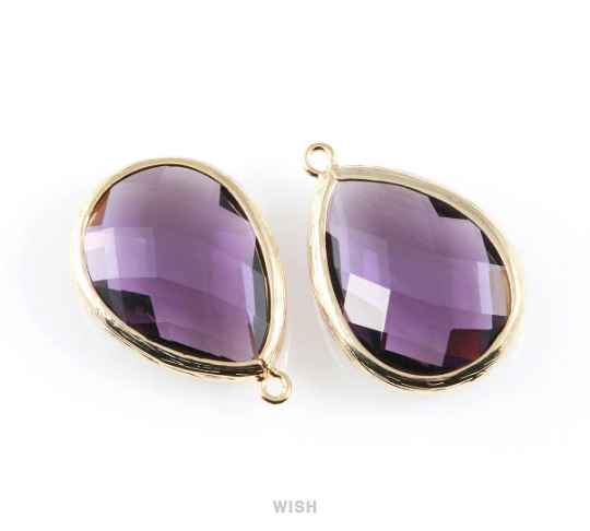 Amethyst Teardrop Glass Charm in Gold, Framed Drop Glass Gem / GTZG-044-P