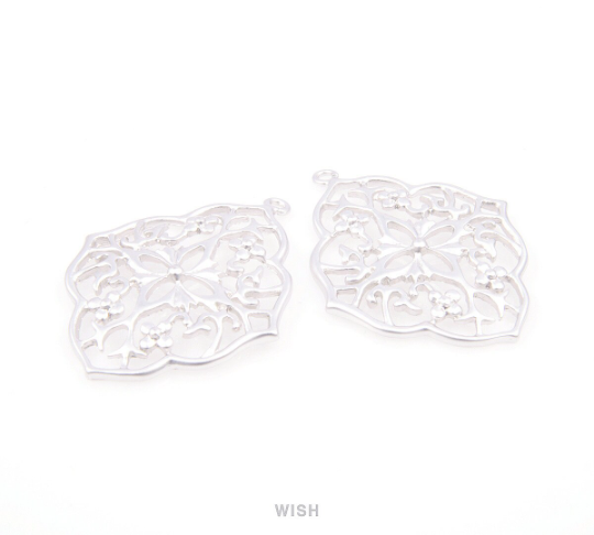 Floral Shield Pendants in Matte Rhodium, Oriental Floral Charm / MMRH-057-P