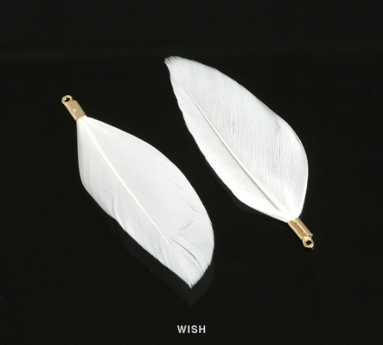 4 White Genuine Feather with Gold Loop, Feather Charm / FWHG-001-P