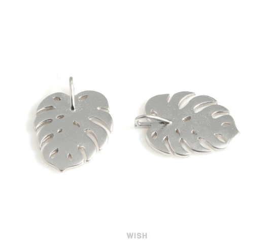 Large Monstera Leaf Pendants in Matte Rhodium, Monstera Leaf Charm / MMRH-556-P