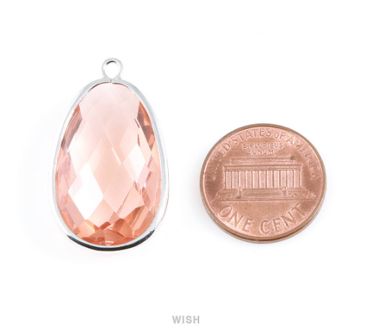 Mint Oval Glass Charm in Rhodium, Glass Framed Pendant / GMTRH-045-P