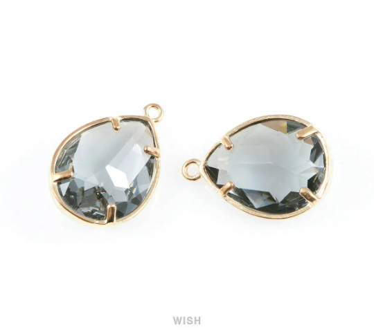 Charcoal Teardrop Glass Charm in Gold, Framed Drop Glass Gem /GCCG-016-P