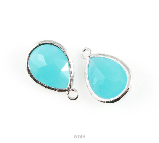 Ocean Blue Teardrop Glass Charm in Rhodium, Framed Drop Glass Gem / GOBRH-005-P
