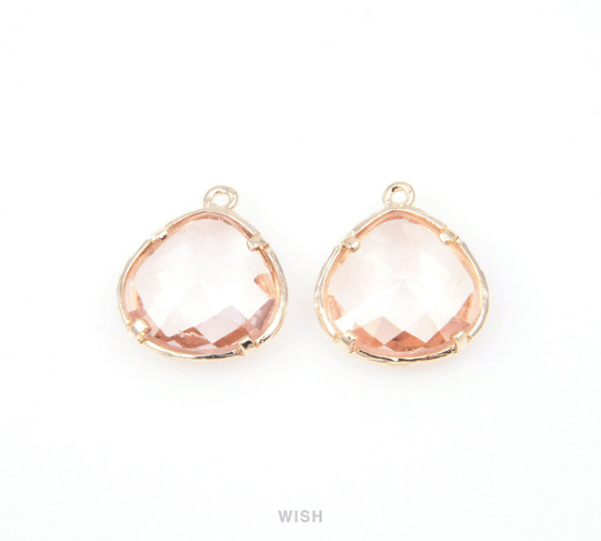 Peach Faceted Glass Drop Charm in Gold, Peach Framed Charms / GPCG-036-P