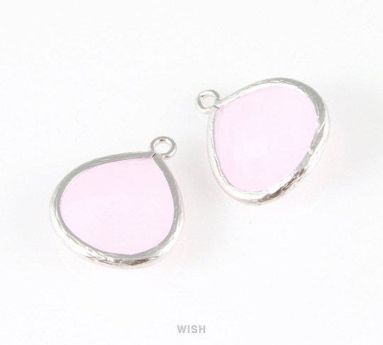 Rose Quartz Faceted Glass Charm in Matte Rhodium, Framed Glass Bead / GRQMRH-001-P (Large)