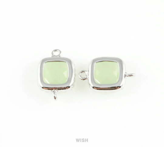 Light Mint Faceted Glass Connector in Rhodium, Framed Square Connector / GLMRH-007-P