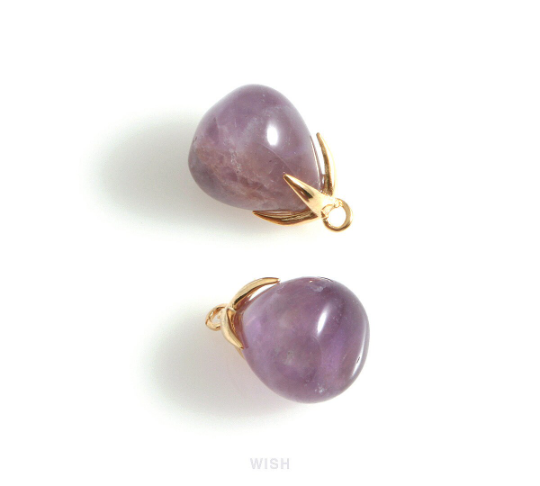 Amethyst Teardrop Gemstone Charm in Gold, Amethyst Gemstone Pendant / STZG-105-P