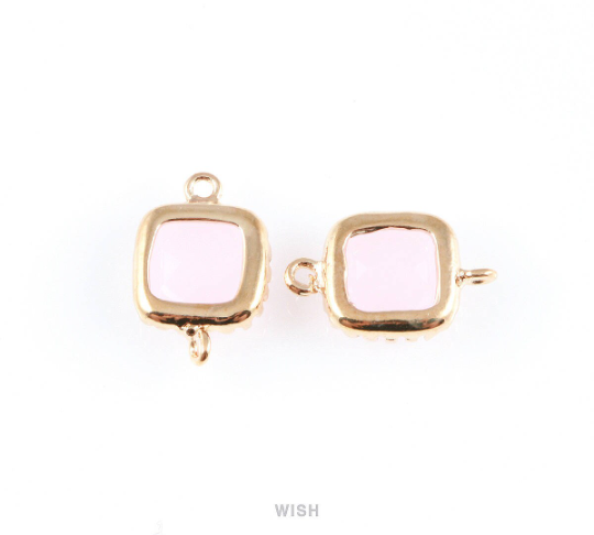 Rose Quartz Faceted Glass Connector in Gold, Framed Square Connector / GRQG-007-P