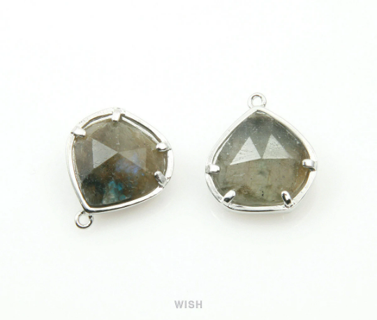 Labradorite Faceted Stone Charm in Rhodium, Framed Pear Gemstone Pendant / SLBRH-084-P