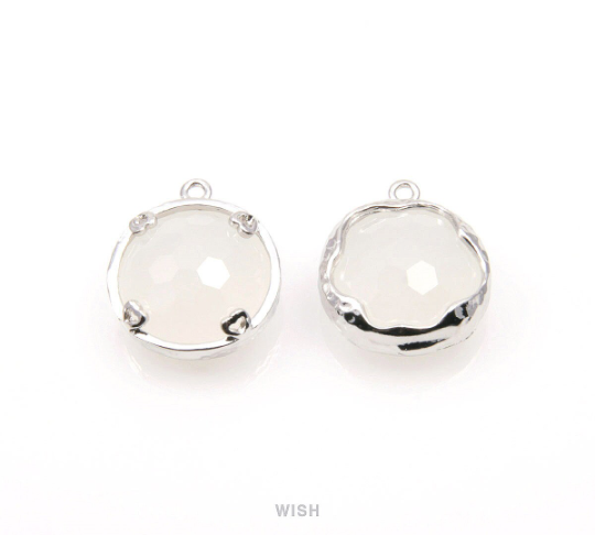 White Alabster Faceted Glass Charms in Rhodium, Framed Round Pendant / GWARH-090-P