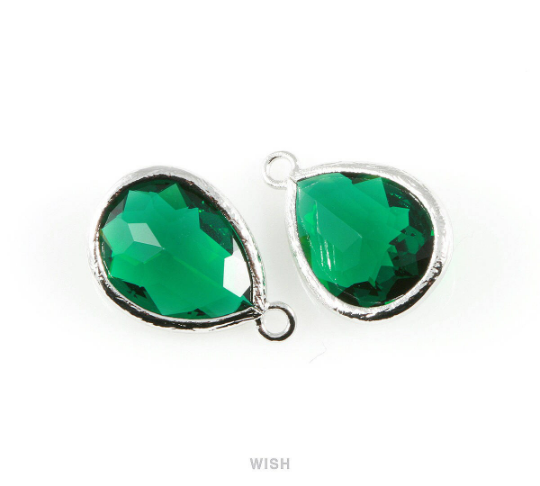Emerald Teardrop Glass Charm in Rhodium, Framed Drop Glass Gem / GEMRH-005-P