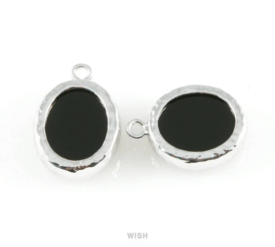 Jet Faceted Glass Charms in Rhodium, Framed Oval Pendant / GJTRH-009-P