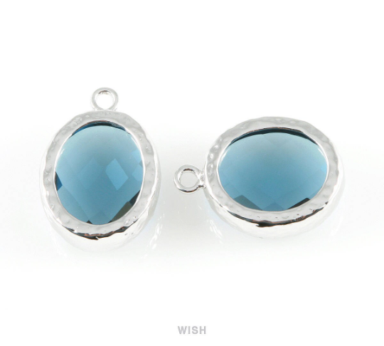Montana Blue Faceted Glass Charms in Rhodium, Framed Oval Pendant / GMBRH-009-P