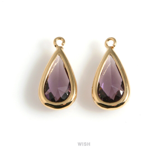 Amethyst Glass Drop Charm in Gold, Tanzanite Teardrop Pendant / STZG-117-P