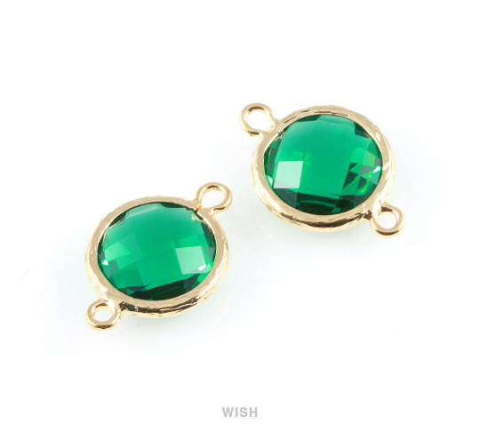 Emerald faceted Glass Connector in Gold, Framed Round Glass Bead/ GEMG-014-P