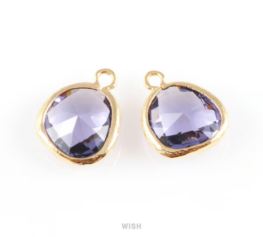 Amethyst Faceted Glass Charm in Gold, Framed Drop Glass Gem / GTZG-004-P (Medium)
