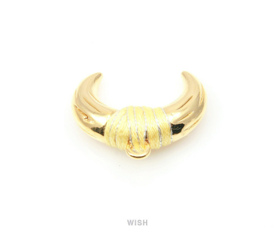 Metal Horn Pendant in Gold with Yellow Strap, 16k Gold Bull's Horn Charm/ MYWG-004-P (Large)