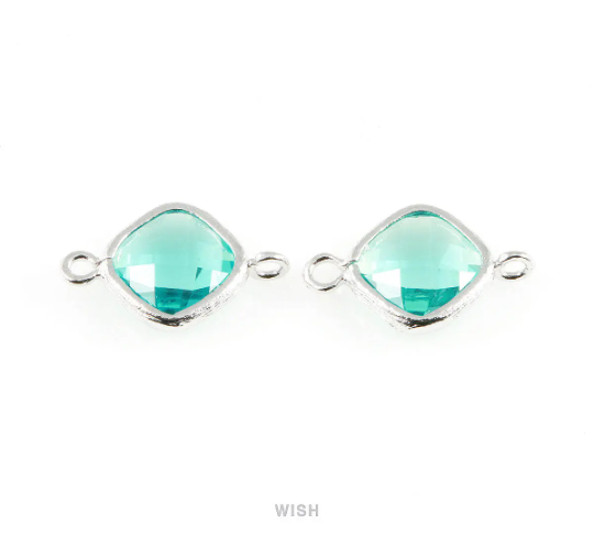 Blue Zircon Rhombus Glass Connector in Rhodium, Framed Rhombus Connector / GBZRH-021-P