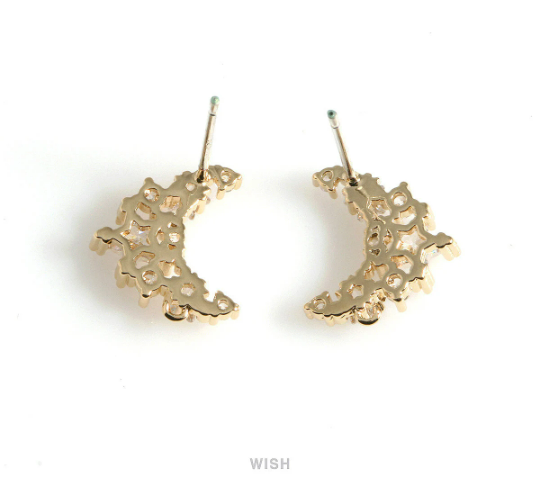 Star CZ in Crescent Stud Earrings in Gold, Celestial Stud Earrings / CG-082-E