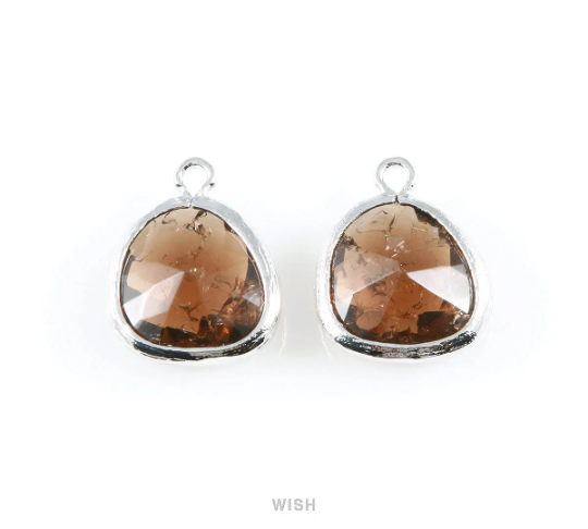 Smokey Quartz Sparkle Glass Charm in Gold, Framed Drop Glass Bead / GSQG-013-P