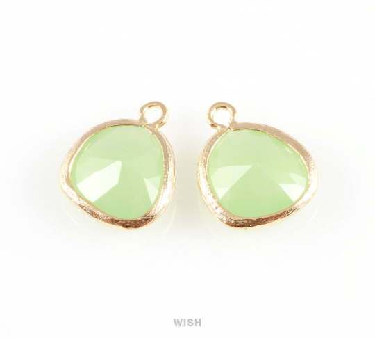 Light Mint Faceted Glass Charm in Rhodium, Framed Drop Glass Gem / GLMRH-004-P