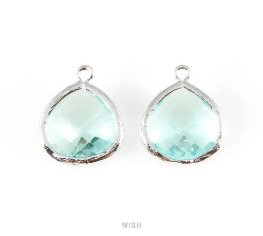 Aquamarine Faceted Glass Charm in Gold, Framed Drop Glass Bead / GAQG-001-P (Large)