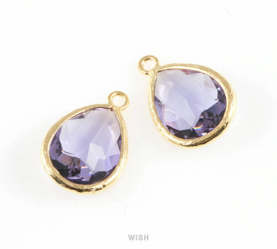 Amethyst Teardrop Glass Charm in Rhodium, Framed Drop Glass Gem / GTZRH-005-P