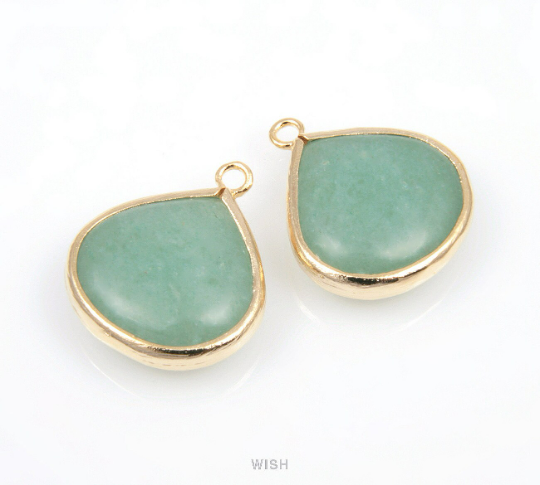 Green Aventurine Synthetic Stone Charms in Matte Gold, Framed Teardrop Pendant /SGAMG-010-P2